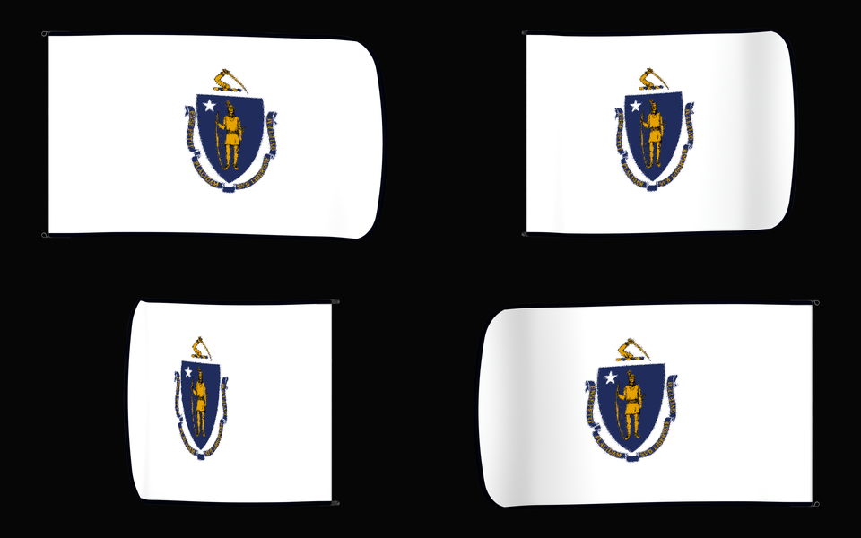 Massachusetts State Flag Authentic Gameday Flag — clean black four-view contact proof showing Front Design, Front Flying, Back Flying, and Back Design — source_sha256=ecc08adc765b81abce4ef7c18284e50f6baa7607b07267e47af95a28369b89c0