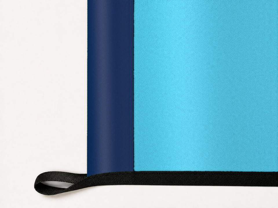 Minnesota State Flag Authentic Gameday Flag underside and personalization construction view — continuous restrained woven-satin Minnesota State Flag Accent header, textured Minnesota State Flag Primary face, lower black loop and perimeter webbing — source_sha256=e953a8b6d51d2a53b310ffe73f5abf6f15d6aba0af7e4c22d11c20f58ea2c525