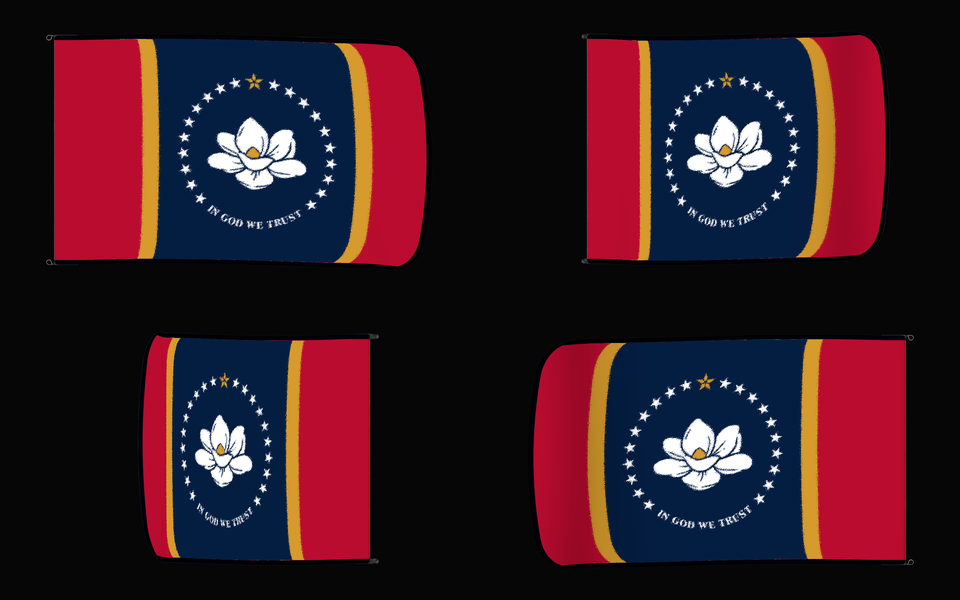 Mississippi State Flag Authentic Gameday Flag — clean black four-view contact proof showing Front Design, Front Flying, Back Flying, and Back Design — source_sha256=5689ce5c23f7205778a4b2c96a81dfff0b076ec29f12787d3595a830601f9b49