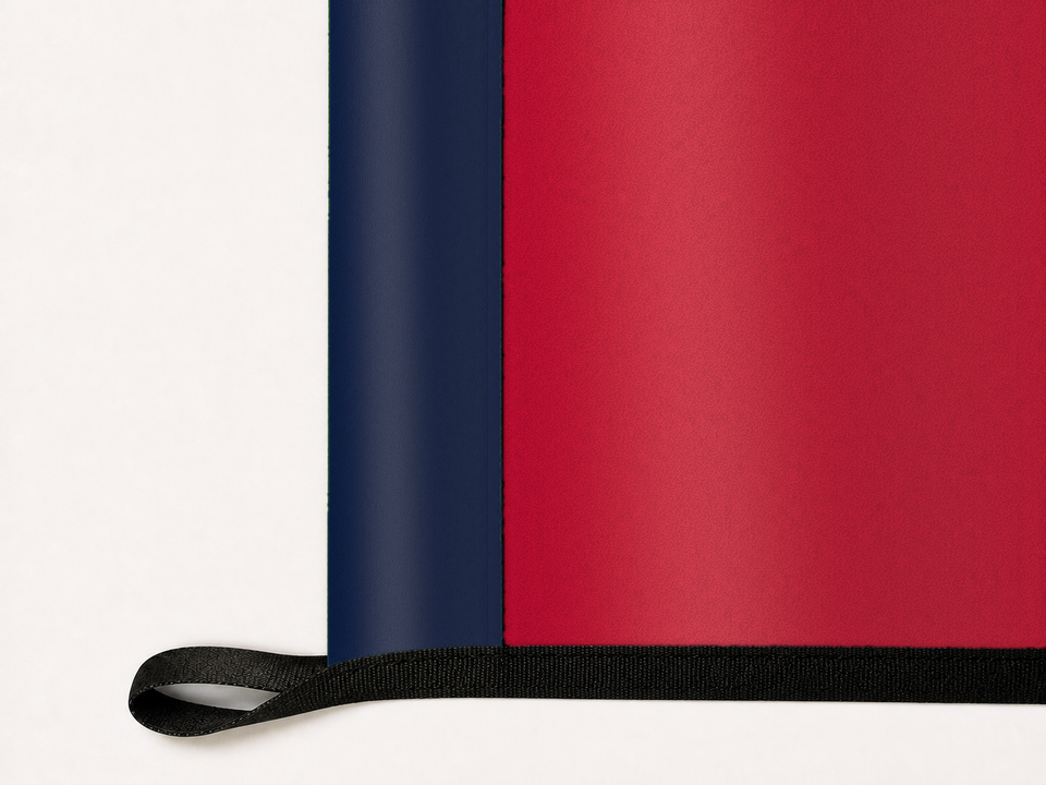 Mississippi State Flag Authentic Gameday Flag underside and personalization construction view — continuous restrained woven-satin Mississippi State Flag Accent header, textured Mississippi State Flag Primary face, lower black loop and perimeter webbing — source_sha256=c3e88da8d93b058b71421b4631059aa3fb58f367887045a314afc7b008b96189