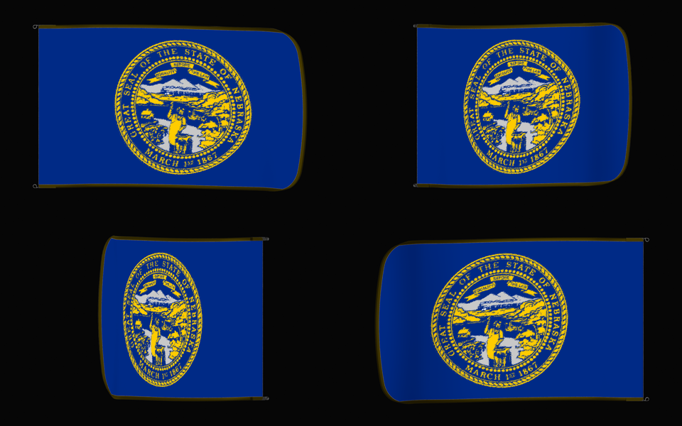 Nebraska State Flag Authentic Gameday Flag — clean black four-view contact proof showing Front Design, Front Flying, Back Flying, and Back Design — source_sha256=bf4a46ff28b275df690efca945478d3d0a527e27759852b8a656da353302cee4
