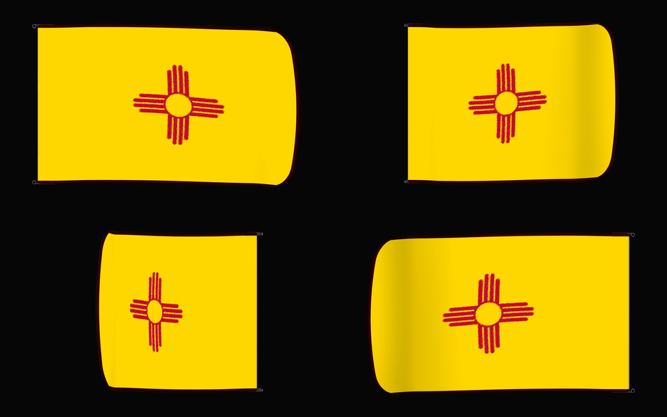 New Mexico State Flag Authentic Gameday Flag — clean black four-view contact proof showing Front Design, Front Flying, Back Flying, and Back Design — source_sha256=f548d06122f3d9560545f85992dc77e09749d8cc04c37524d24a3332d823da77