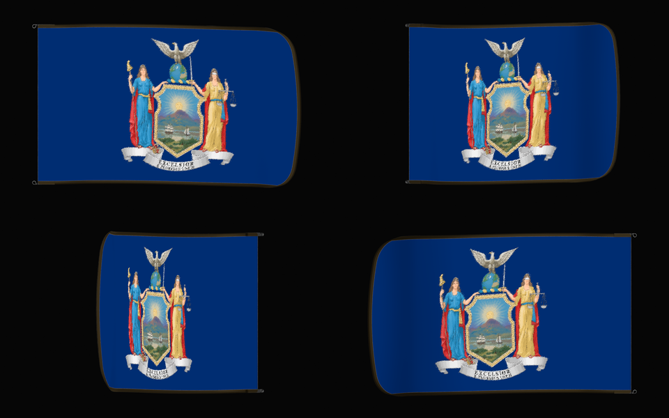 New York State Flag Authentic Gameday Flag — clean black four-view contact proof showing Front Design, Front Flying, Back Flying, and Back Design — source_sha256=dc9f79ac3252a5e4c627d4a595c3f724ab37eed843dd4fba02719b6c97bb9899
