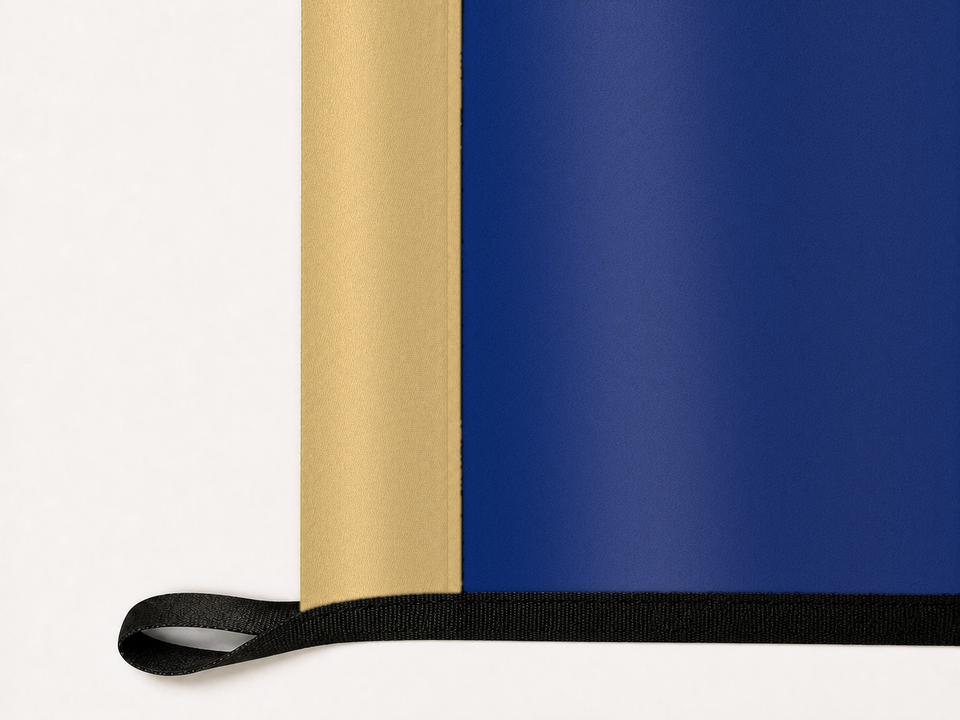 New York State Flag Authentic Gameday Flag underside and personalization construction view — continuous restrained woven-satin New York State Flag Accent header, textured New York State Flag Primary face, lower black loop and perimeter webbing — source_sha256=74c99b7e80a7c2443b9d68e7d6fde764921180f821c43de19c398bfb4cc0cabd