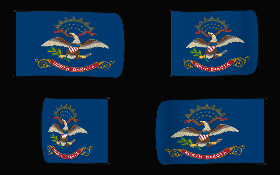 North Dakota State Flag Authentic Gameday Flag — clean black four-view contact proof showing Front Design, Front Flying, Back Flying, and Back Design — source_sha256=978c022130c884a7d395627a132f4030d0132b2f7015d6c56dc2d91d5bd92e29
