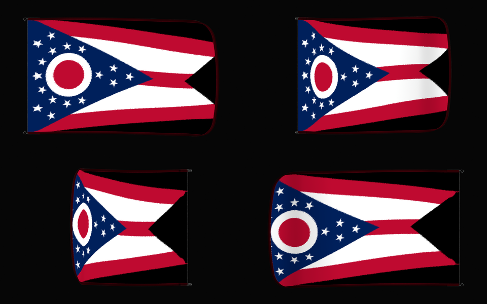 Ohio State Flag Authentic Gameday Flag — clean black four-view contact proof showing Front Design, Front Flying, Back Flying, and Back Design — source_sha256=f5105c61214c323d7e828c73f6461860ff6c1b5518a88119db35a3f65d9b973d
