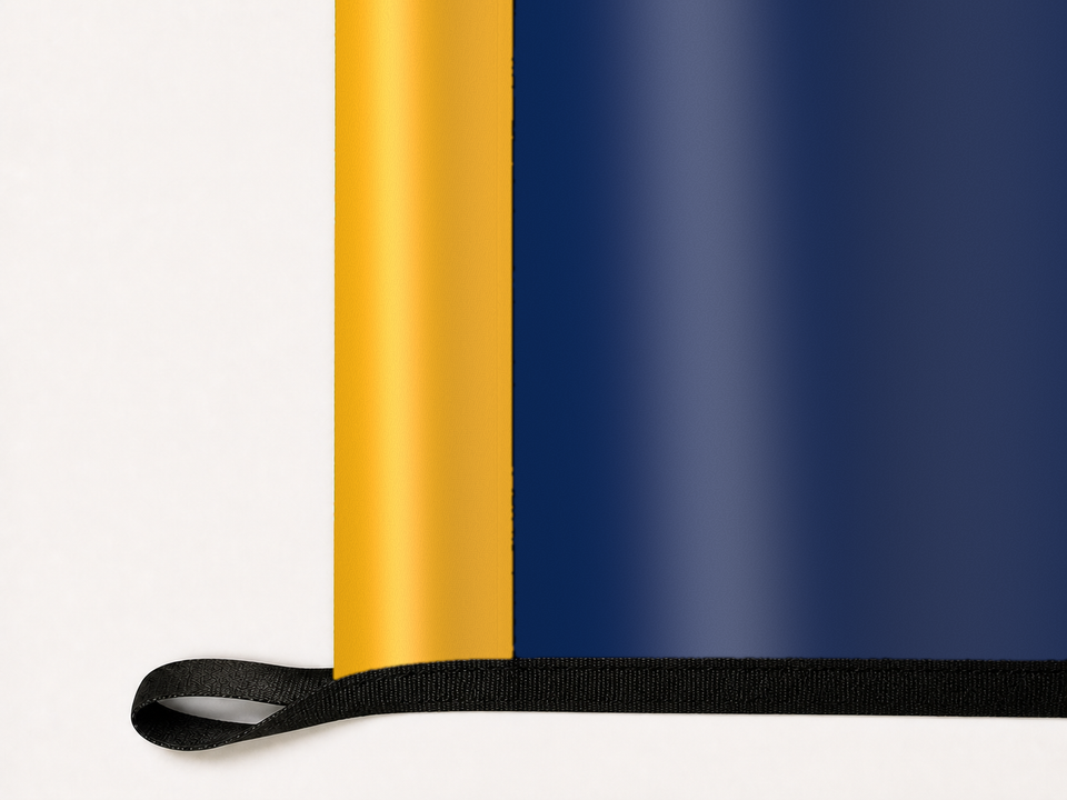 Oregon State Flag Authentic Gameday Flag underside and personalization construction view — continuous restrained woven-satin Oregon State Flag Accent header, textured Oregon State Flag Primary face, lower black loop and perimeter webbing — source_sha256=2c61baab0d256e061cee6fd25b4fbcaf57c0d4d12563c6d42e2c9970b22fc035