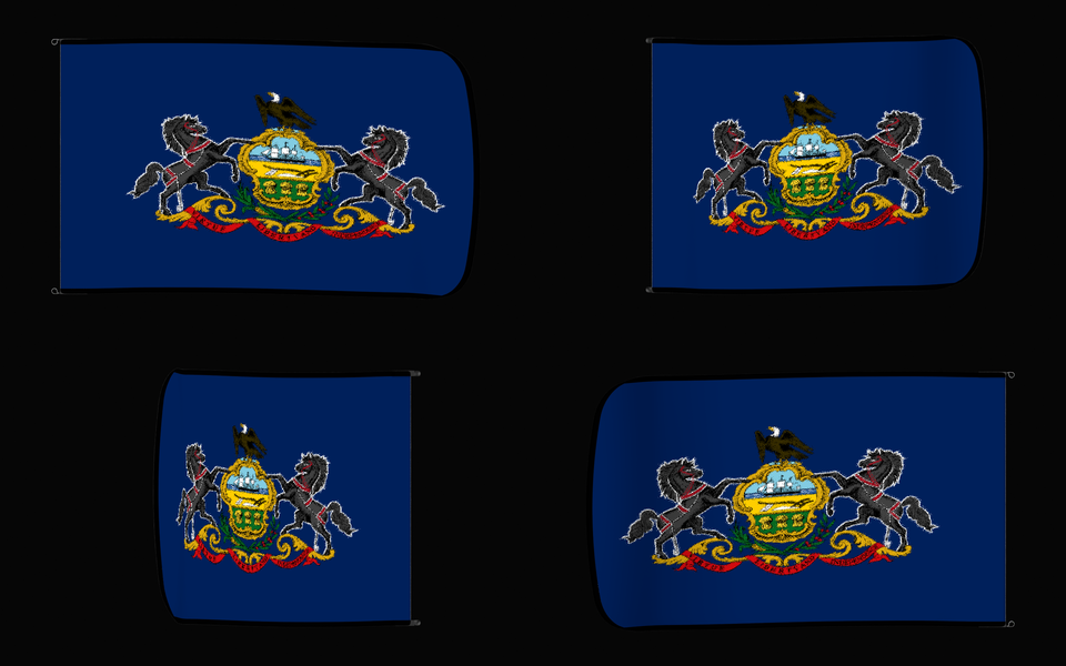 Pennsylvania State Flag Authentic Gameday Flag — clean black four-view contact proof showing Front Design, Front Flying, Back Flying, and Back Design — source_sha256=66981abdb15cf78a2f3fe3d745bdcf7929be8ae5759950b23b83b3f98de3349c