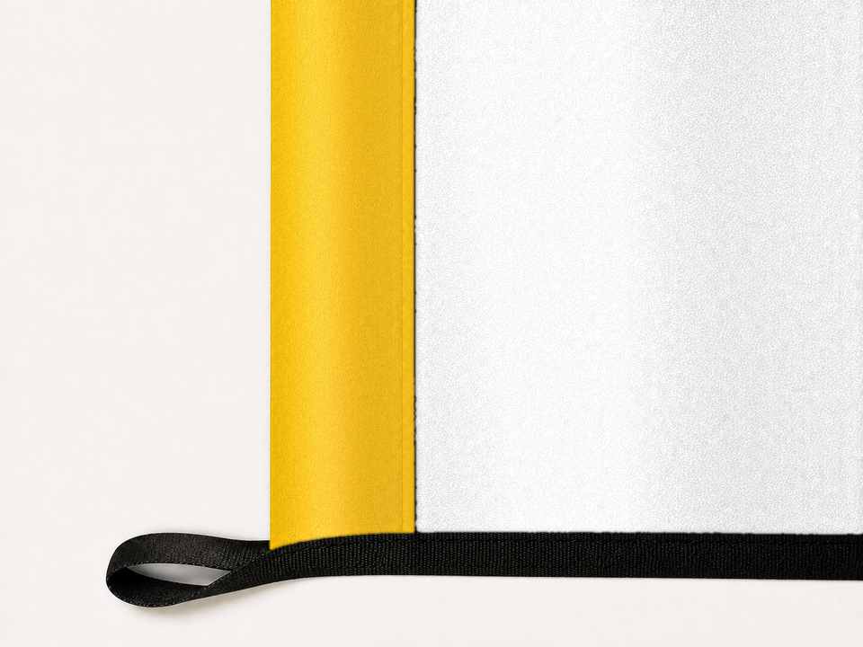 Rhode Island State Flag Authentic Gameday Flag underside and personalization construction view — continuous restrained woven-satin Rhode Island State Flag Accent header, textured Rhode Island State Flag Primary face, lower black loop and perimeter webbing — source_sha256=a4324cd6f8a1870e0c526f69907cc884dd6a33af42e5fa68f05b2721a85e3f46