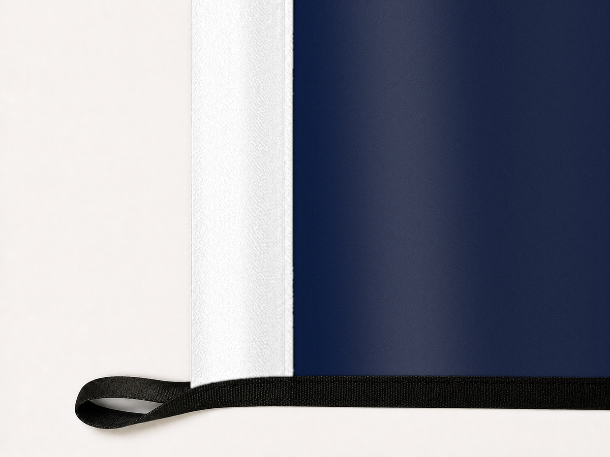 South Carolina State Flag Authentic Gameday Flag underside and personalization construction view — continuous restrained woven-satin South Carolina State Flag Accent header, textured South Carolina State Flag Primary face, lower black loop and perimeter webbing — source_sha256=8d5e0fc6de7047ec88491d2691833b50f12909d04a5eb4a271b67fa0d6a9b29a