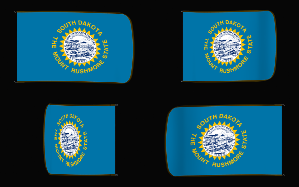 South Dakota State Flag Authentic Gameday Flag — clean black four-view contact proof showing Front Design, Front Flying, Back Flying, and Back Design — source_sha256=b63fb9ff203871318097edabeb5edeee6f2d46af7ecc28eef9416dbe87f60a75