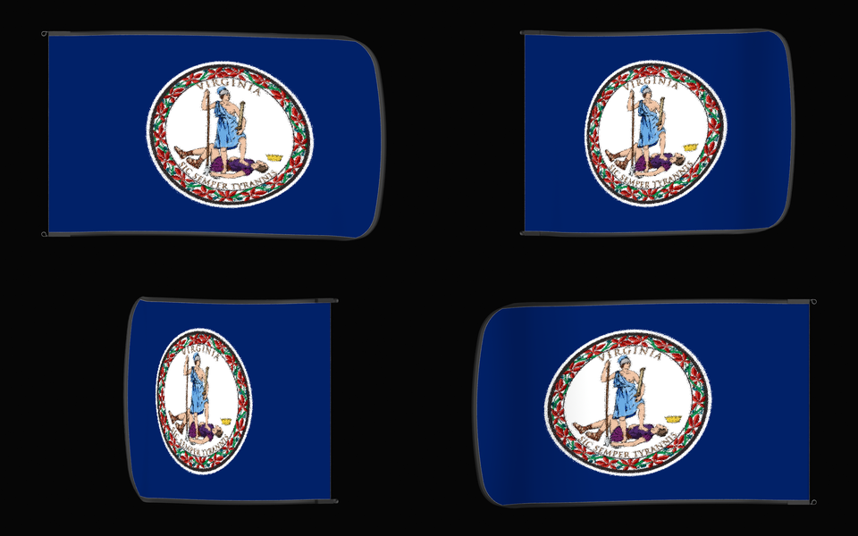 Virginia State Flag Authentic Gameday Flag — clean black four-view contact proof showing Front Design, Front Flying, Back Flying, and Back Design — source_sha256=887d66914c6544f89faf0b5cfe4e77b71efe274da9820244db6eaa02b7ccaea3