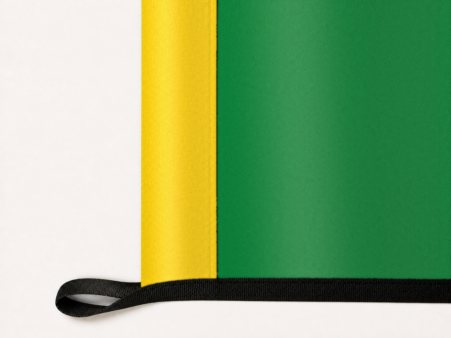 Washington State Flag Authentic Gameday Flag underside and personalization construction view — continuous restrained woven-satin Washington State Flag Accent header, textured Washington State Flag Primary face, lower black loop and perimeter webbing — source_sha256=6e1df2b34dd6b8f11ebeda81a5722bd585a3714f2975e7fbfdf83502718ccf88