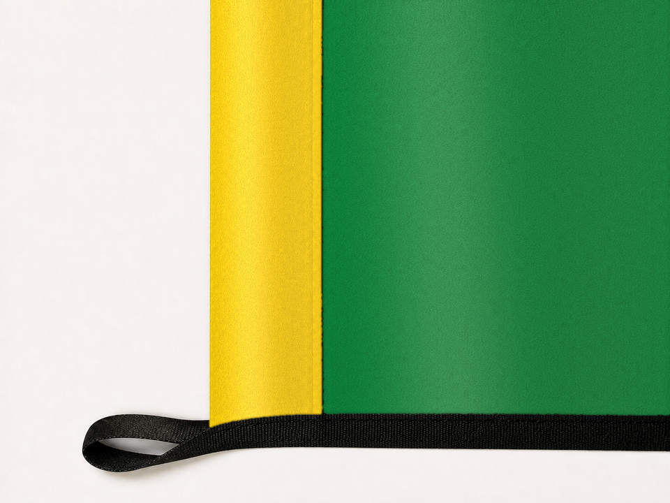 Washington State Flag Authentic Gameday Flag underside and personalization construction view — continuous restrained woven-satin Washington State Flag Accent header, textured Washington State Flag Primary face, lower black loop and perimeter webbing — source_sha256=6e1df2b34dd6b8f11ebeda81a5722bd585a3714f2975e7fbfdf83502718ccf88