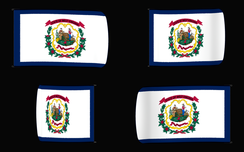 West Virginia State Flag Authentic Gameday Flag — clean black four-view contact proof showing Front Design, Front Flying, Back Flying, and Back Design — source_sha256=3f9edd6a10d31bc328dde05c6a9951b2b8e3acb6a42b67e22ef5ce225ed891e0
