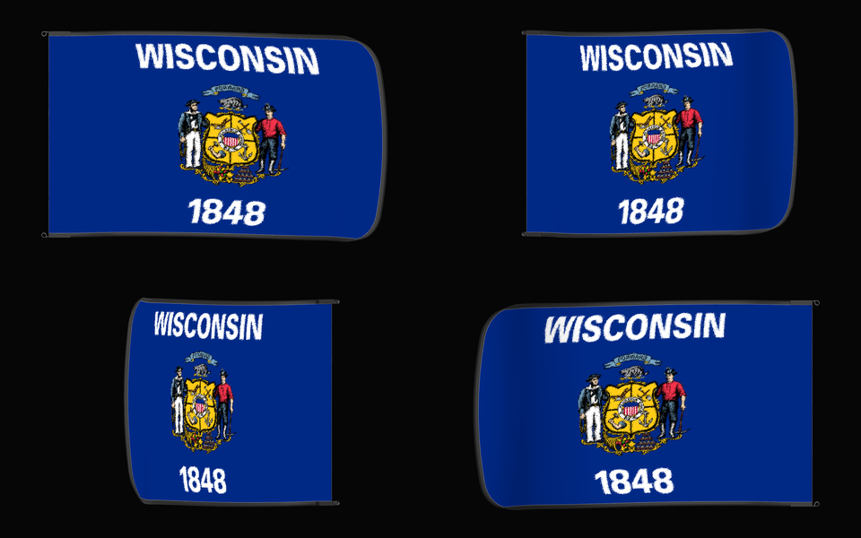 Wisconsin State Flag Authentic Gameday Flag — clean black four-view contact proof showing Front Design, Front Flying, Back Flying, and Back Design — source_sha256=02a29fa646aab440f1b7f43bacfd0c8f9c5f2f83ecc15831702cdfe1b37f7443