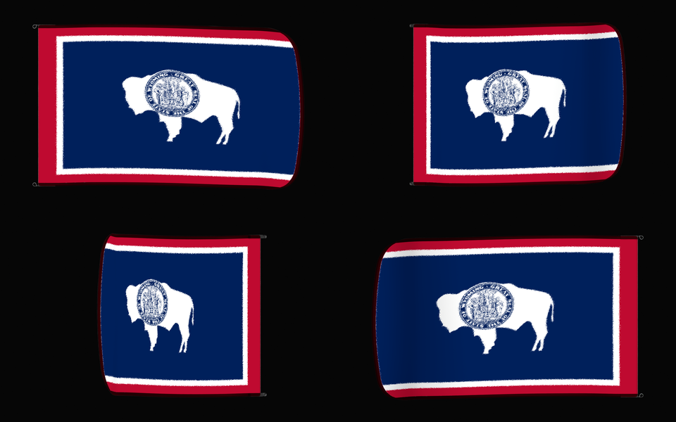 Wyoming State Flag Authentic Gameday Flag — clean black four-view contact proof showing Front Design, Front Flying, Back Flying, and Back Design — source_sha256=bfe922f4fe319dc2a65c644d132852c9313d56588d2d9dd68d1ceef8fec56775