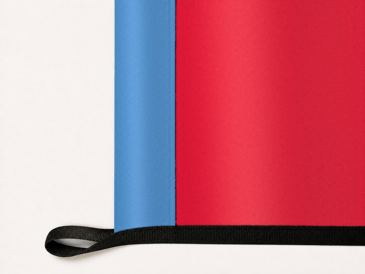 Atlanta Dream Authentic Gameday Flag underside and personalization construction view — continuous restrained woven-satin Atlanta Dream Accent header, textured Atlanta Dream Primary face, lower black loop and perimeter webbing — source_sha256=b400dccfbddfc2c8b1db7e7854aa3624dd6ab3471a37251173e4d6d9eb6717de