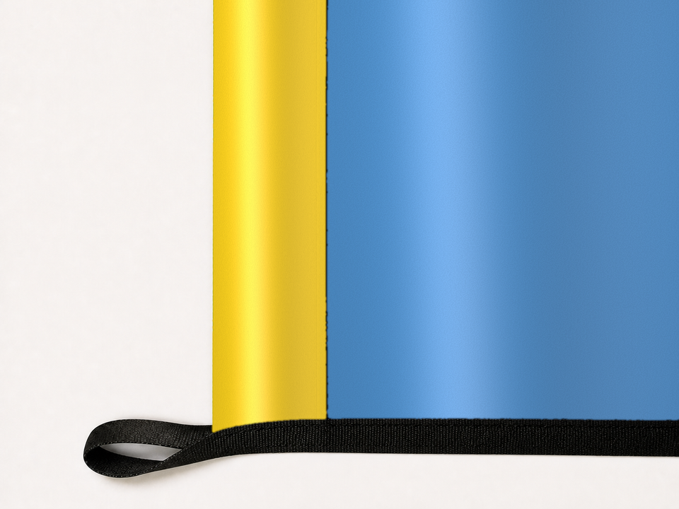 Chicago Sky Authentic Gameday Flag underside and personalization construction view — continuous restrained woven-satin Chicago Sky Accent header, textured Chicago Sky Primary face, lower black loop and perimeter webbing — source_sha256=d506009b78c1b76e787a7777dcaac2346d4a20b9d19a82111cf7c1511c2fabe2