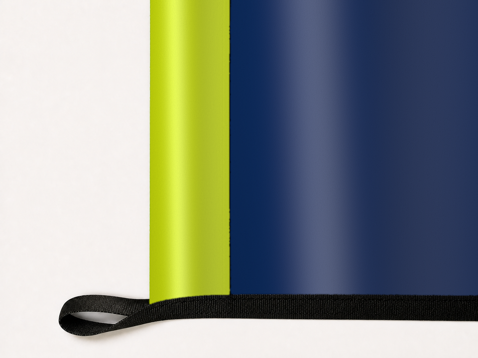 Dallas Wings Authentic Gameday Flag underside and personalization construction view — continuous restrained woven-satin Dallas Wings Accent header, textured Dallas Wings Primary face, lower black loop and perimeter webbing — source_sha256=80fbe12f7bdea1262383ed39de2eb2c617ef477a660ceaa60b3362bf7b13271c