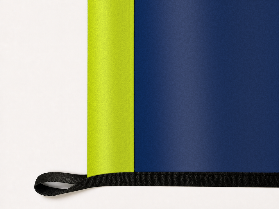 Dallas Wings Authentic Gameday Flag underside and personalization construction view — continuous restrained woven-satin Dallas Wings Accent header, textured Dallas Wings Primary face, lower black loop and perimeter webbing — source_sha256=8293f254588cce693ce1740f3625ea224c3364135f3232de33c15df95ed96592