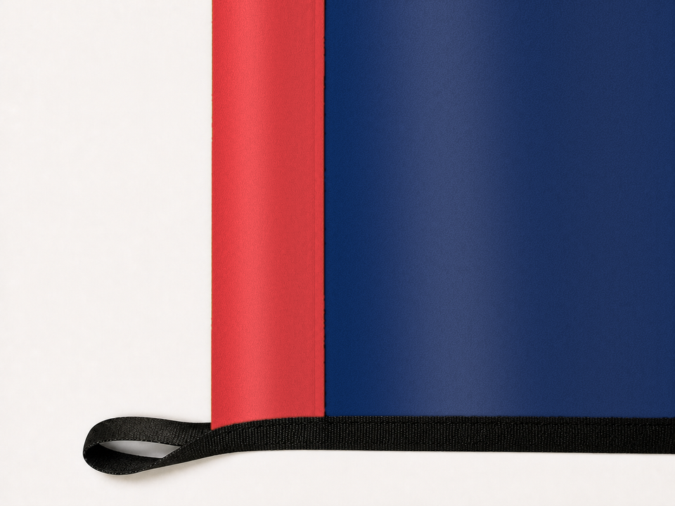 Indiana Fever Authentic Gameday Flag underside and personalization construction view — continuous restrained woven-satin Indiana Fever Accent header, textured Indiana Fever Primary face, lower black loop and perimeter webbing — source_sha256=05dbef8e37c809e2d47d6e8e0fba07d56f15d63a57381fa13bab0bea4df9fe07