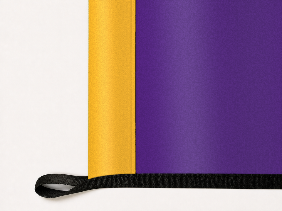Los Angeles Sparks Authentic Gameday Flag underside and personalization construction view — continuous restrained woven-satin Los Angeles Sparks Accent header, textured Los Angeles Sparks Primary face, lower black loop and perimeter webbing — source_sha256=1aca44ed91f72e4aa7f9ee5c614546d95d251c6ad3ffbddb94921b65d28fc238