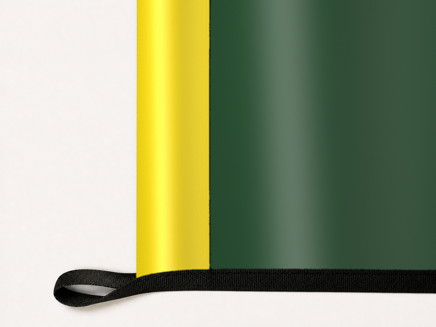 Seattle Storm Authentic Gameday Flag underside and personalization construction view — continuous restrained woven-satin Seattle Storm Accent header, textured Seattle Storm Primary face, lower black loop and perimeter webbing — source_sha256=435c5d39e782c120913dadeaa8dec15d192485a367f53988eba94ad405b85bfc