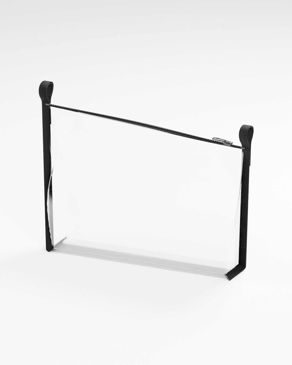 Clutch only · clear zip-top bag with a longer upper body and tapered floor