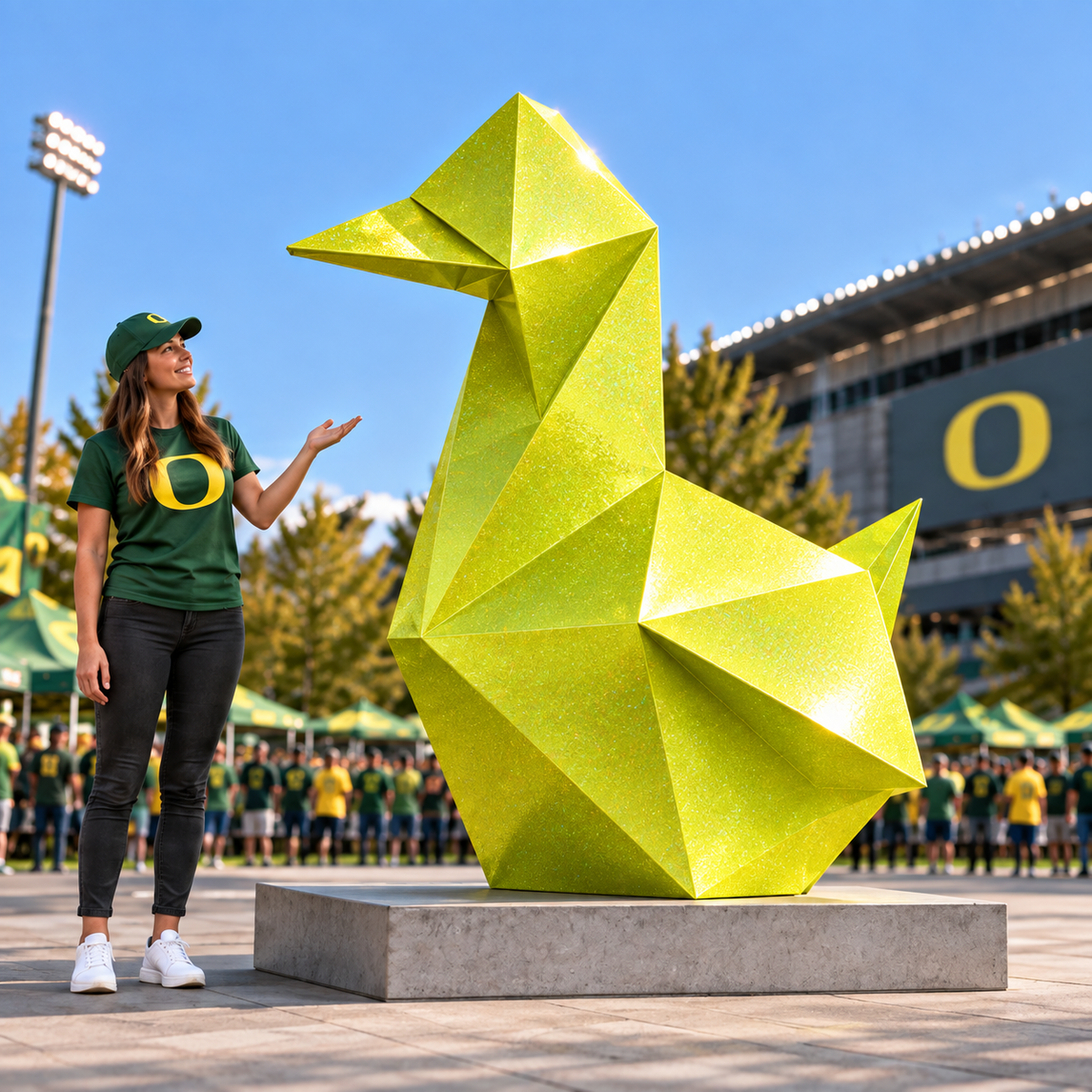 Custom Commissioned Art Sculpture / six-foot origami duck / CUSTOM Prismatic Powders Cosmic Chartreuse PMB-10802 / standing scale