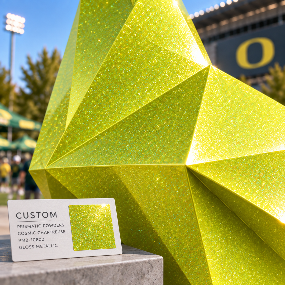 CUSTOM finish detail / Prismatic Powders Cosmic Chartreuse PMB-10802 on folded aluminum sculpture