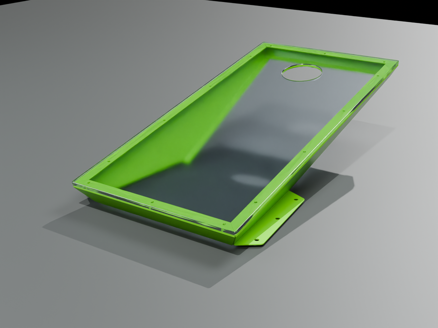 GFPC Park Cornhole / Prismatic Cosmic Chartreuse PMB-10802 frame / clear unbranded polycarbonate playing surface / governed stock presentation
