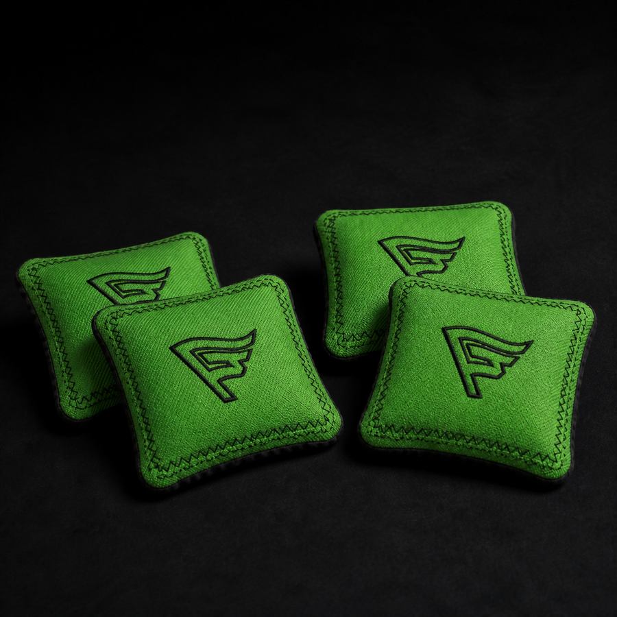 Four Gameday Flags regulation six-inch cornhole bags with large outline embroidered marks and double perimeter zigzag stitching
