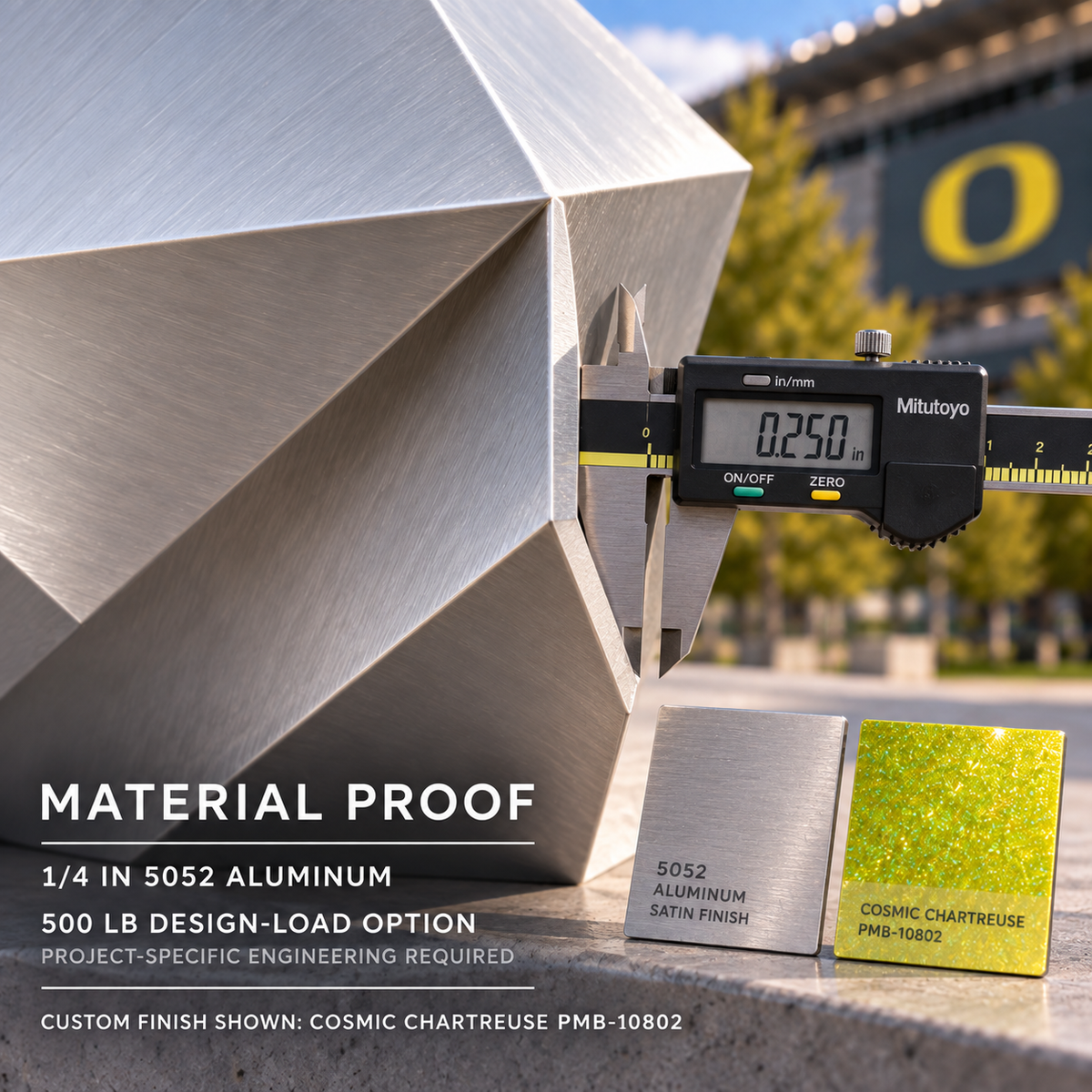 Material proof / 1/4-inch 5052 aluminum / 500 lb design-load option / project-specific engineering required