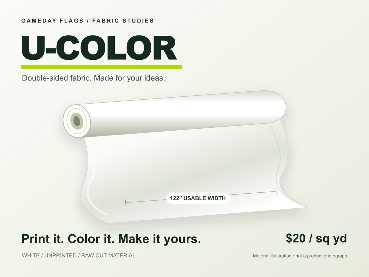 Gameday U-COLOR double-sided raw fabric illustration, 122-inch usable width, $20 per square yard. Illustration, not a product photograph.