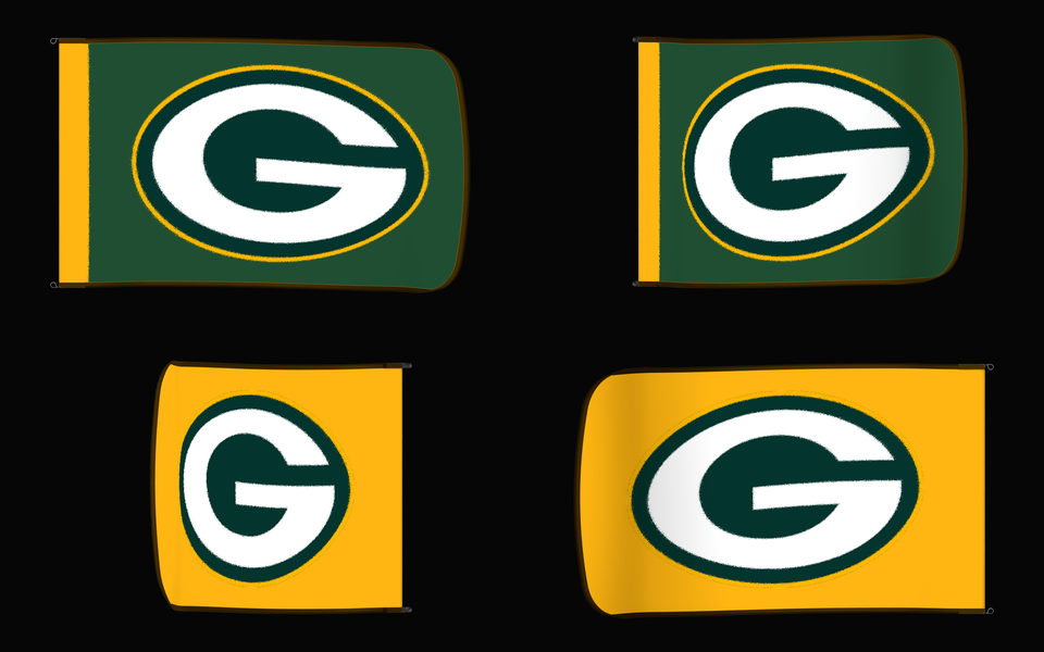 Green Bay Packers Authentic Gameday Flag — clean four-view front design, front flying, back flying, and back design proof — source_sha256=b1f17a604050bffd0b69b6028a36bdd82e9fbed8e9ff440bda992bf12aa2fd12