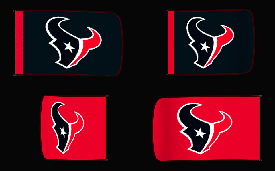 Houston Texans Authentic Gameday Flag — clean four-view front design, front flying, back flying, and back design proof — source_sha256=99256f7d68cb3178801345f2a5e3661301fa6eabad47c923c6ed70815e7745fb