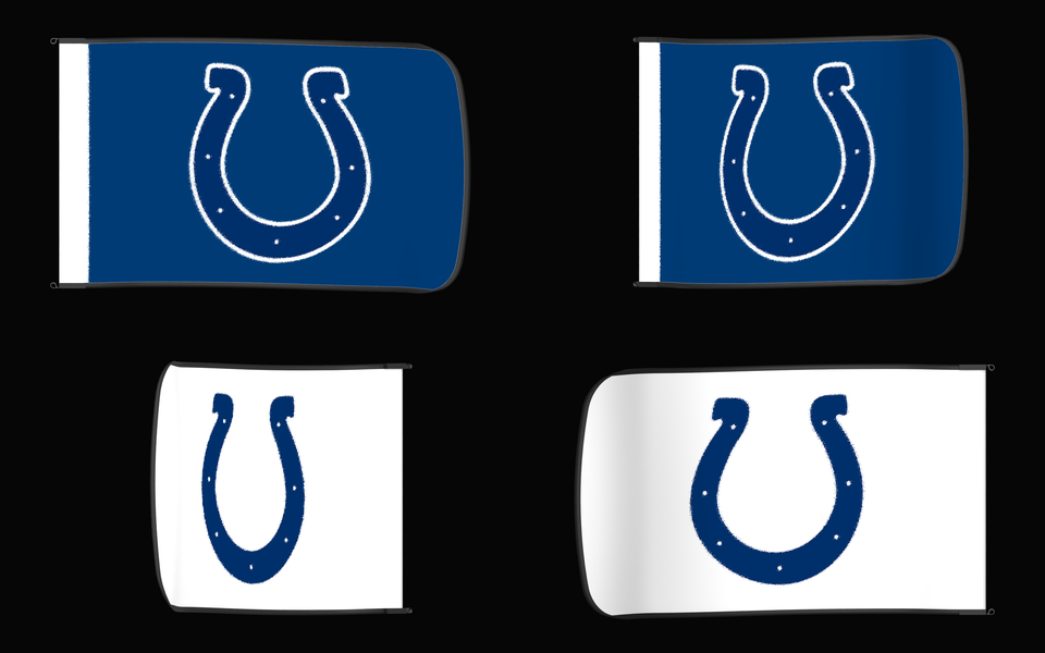 Indianapolis Colts Authentic Gameday Flag — clean four-view front design, front flying, back flying, and back design proof — source_sha256=12fc4292090ddbd640e677288c81edda055fd3ab74c7e1b3f56631818545ca65