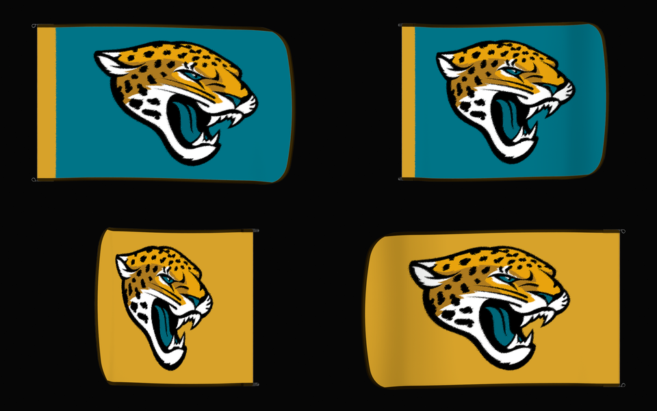 Jacksonville Jaguars Authentic Gameday Flag — clean four-view front design, front flying, back flying, and back design proof — source_sha256=19a5f15d3f18137eb8c01d5848d6c8b71b217c5fde1ebbbac1b9b299b79b0727