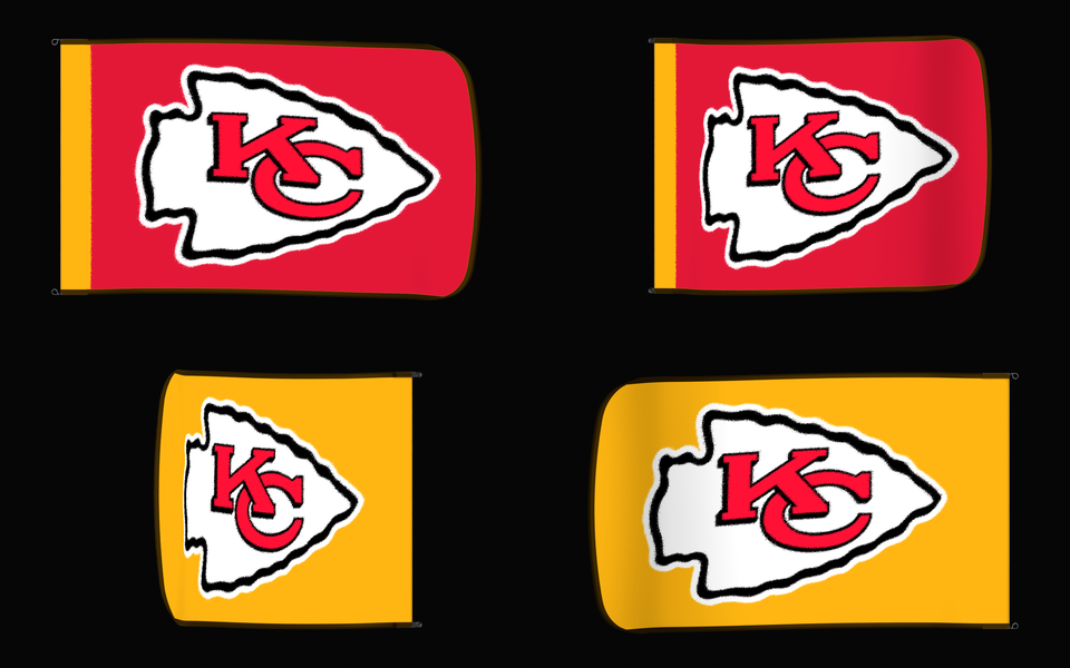 Kansas City Chiefs Authentic Gameday Flag — clean four-view front design, front flying, back flying, and back design proof — source_sha256=fb5d90fe8efa3a79aa251ac8791576f5073dee955e04396ad43db279a44eb80b