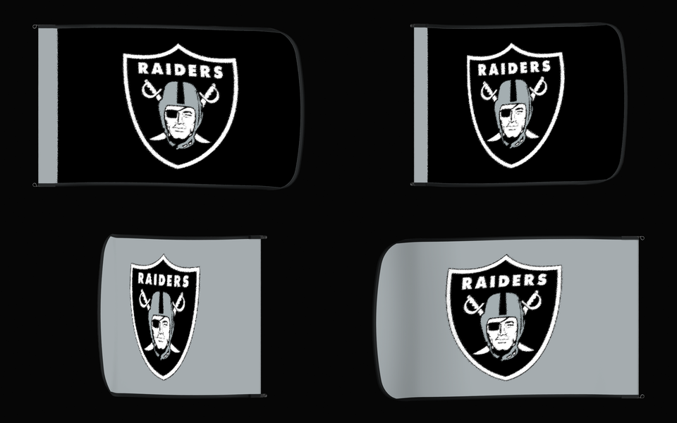 Las Vegas Raiders Authentic Gameday Flag — clean four-view front design, front flying, back flying, and back design proof — source_sha256=8b5d03a820ded3d67cadfd8645f33eb927c0aba224932da17087ce685dd2d894