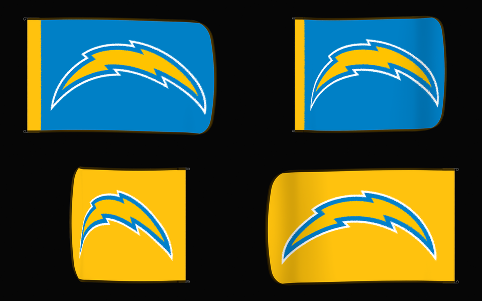 Los Angeles Chargers Authentic Gameday Flag — clean four-view front design, front flying, back flying, and back design proof — source_sha256=ab02d8aae2b79f0518c214c101f91ff7ec9d4475df0153484e5d7ce603fb614c