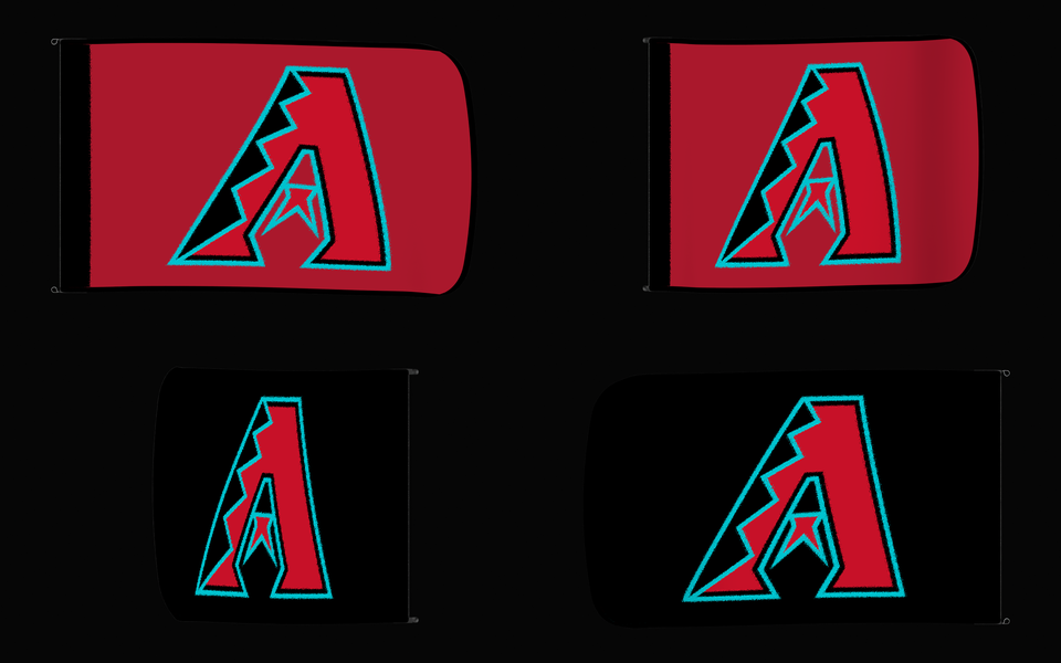 Arizona Diamondbacks Authentic Gameday Flag — clean four-view front design, front flying, back flying, and back design proof — source_sha256=d8ddf9b8097aae18dc7c0b41c5ddc20abe4653dfd9c59360f0526299297ec37e
