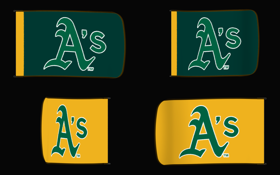 Athletics Authentic Gameday Flag — clean four-view front design, front flying, back flying, and back design proof — source_sha256=6c4a053f1fa7d67e591ca441df8a826b774e40923cf06281519b7ff30a66e0cb