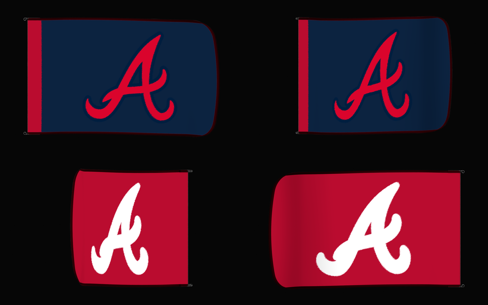 Atlanta Braves Authentic Gameday Flag — clean four-view front design, front flying, back flying, and back design proof — source_sha256=29a06233d06b90bd3b8e42acffbd0b5155118f83dbb48e4aef2c505476061ca3