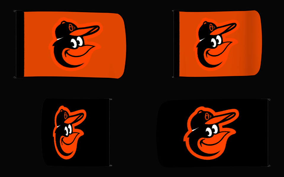 Baltimore Orioles Authentic Gameday Flag — clean four-view front design, front flying, back flying, and back design proof — source_sha256=ec019c70f5d81de8a6b7a9b7a1aa22f3ccad2f0b4c2738ace36f1d0468f93dc1