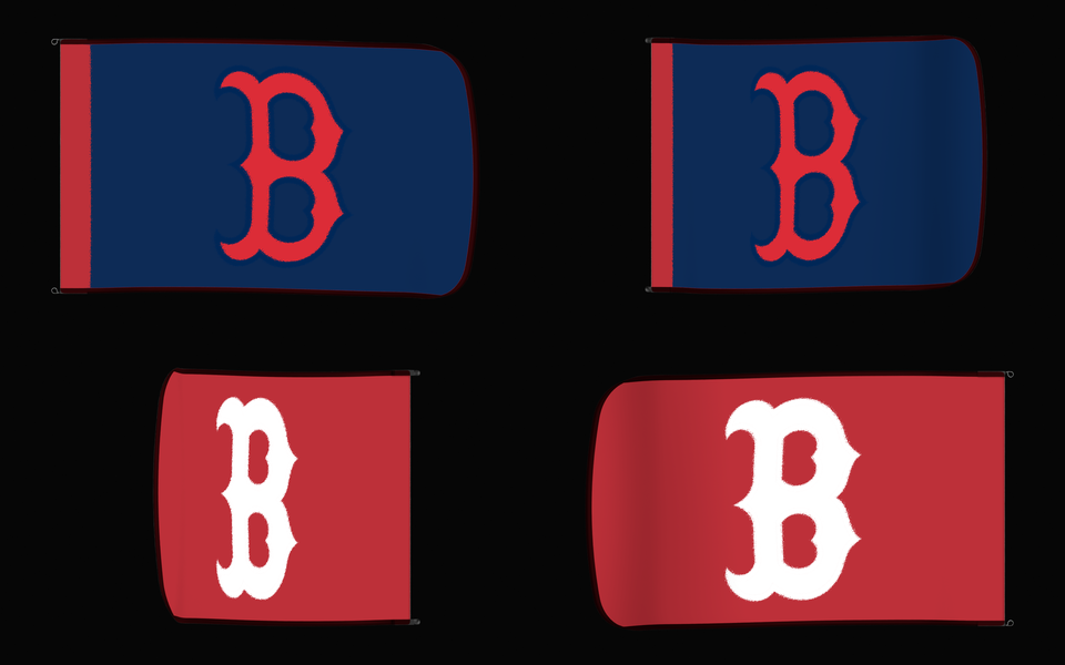 Boston Red Sox Authentic Gameday Flag — clean four-view front design, front flying, back flying, and back design proof — source_sha256=33a22d3fed7019bf0a35acaa0de9611d3971c63f4ecffd247afb62db246588bb