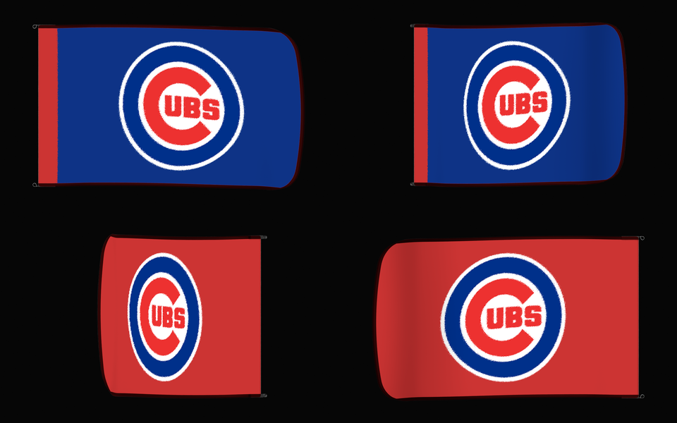 Chicago Cubs Authentic Gameday Flag — clean four-view front design, front flying, back flying, and back design proof — source_sha256=95884120d5c1df2d426de2a7be773717e1b46d293f0dabe66f7f82d38b7b7079