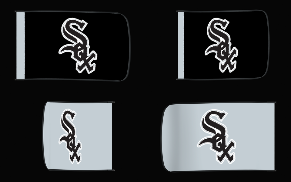 Chicago White Sox Authentic Gameday Flag — clean four-view front design, front flying, back flying, and back design proof — source_sha256=a7ff12d202e16c2ac7ca705df8b69a919d2c4540a4f16a14b8dd154e56654b55