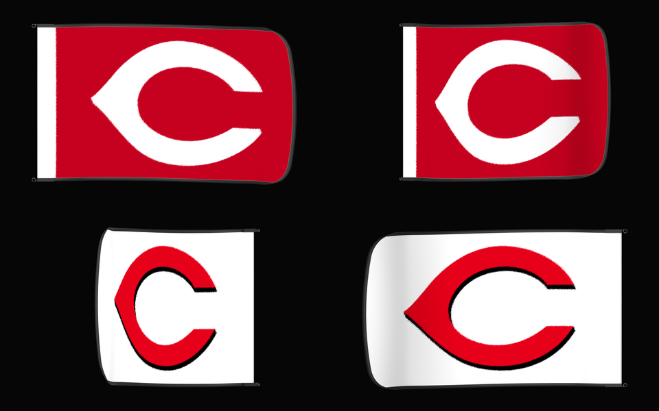 Cincinnati Reds Authentic Gameday Flag — clean four-view front design, front flying, back flying, and back design proof — source_sha256=9116d1f1bac6ef0207beb30dae2608d82ec43adb229286bfcf2342dd834d3ea9